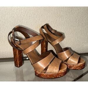 TORY Burch Tan Brown Vanetta Sandals Platform Strap Woven Heels Size 9 Leather